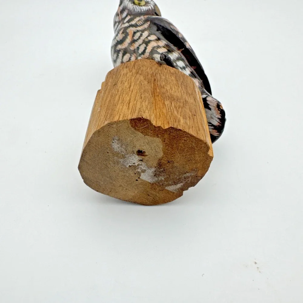 Hand Carved Wood Owl Sculpture Bird on Branch Hand Painted 4.25